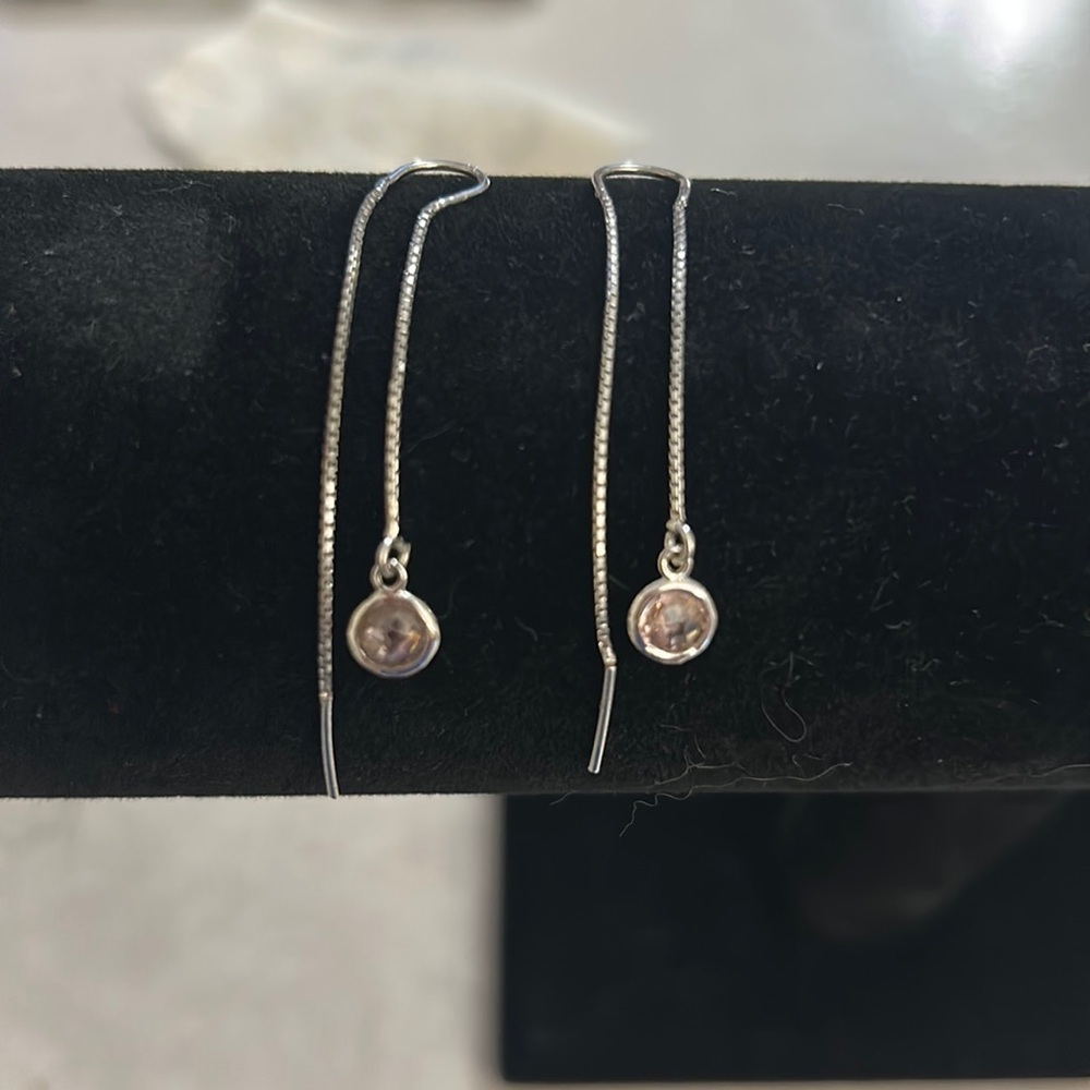 925 Sterling Silver 4mm Tiny Bezel Cz Solitaire Threader Earrings 75mm2.95" Long